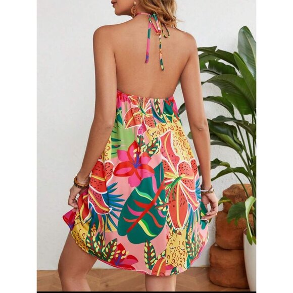 Boho printed halter mini dress white blue - Picture 4 of 4